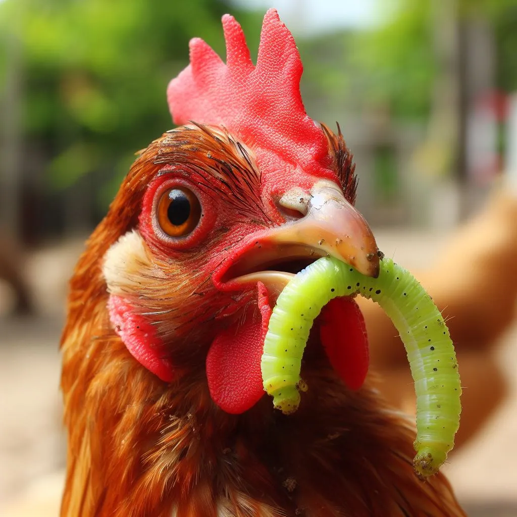 22463 chicken eating hornworm